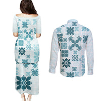 Vintage Hawaii Couples Matching Puletasi Dress and Long Sleeve Button Shirts Hawaiian Quilt Kapa Mismatch Teal LT7 - Wonder Print Shop