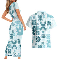 Vintage Hawaii Couples Matching Short Sleeve Bodycon Dress and Hawaiian Shirt Hawaiian Quilt Kapa Mismatch Teal LT7 - Wonder Print Shop