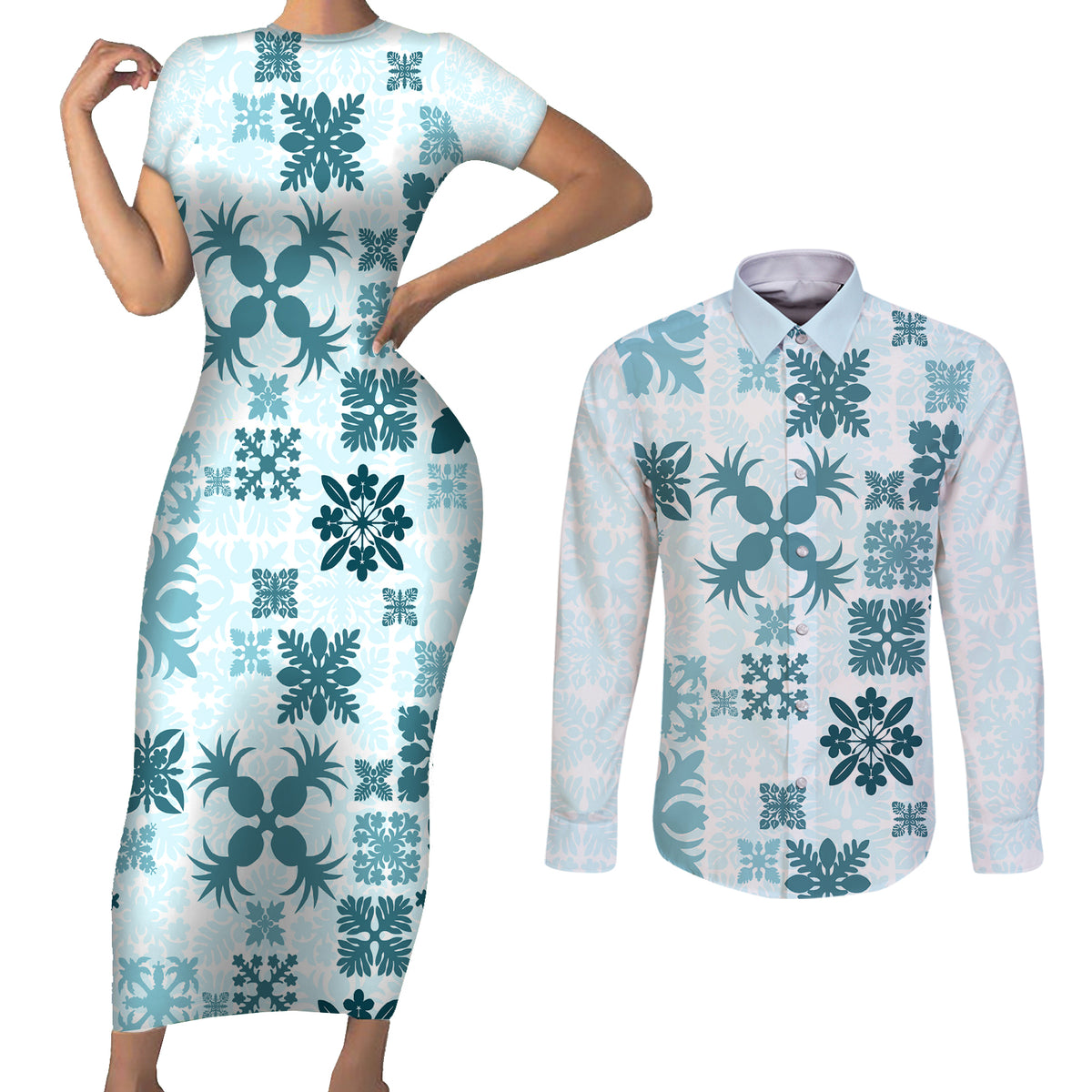 Vintage Hawaii Couples Matching Short Sleeve Bodycon Dress and Long Sleeve Button Shirts Hawaiian Quilt Kapa Mismatch Teal LT7 - Wonder Print Shop