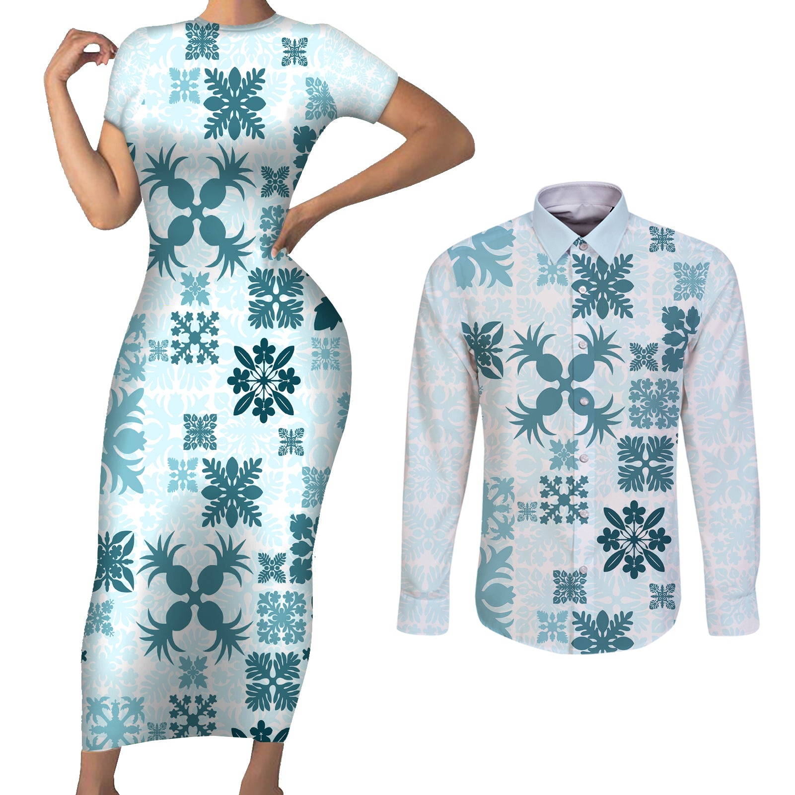 Vintage Hawaii Couples Matching Short Sleeve Bodycon Dress and Long Sleeve Button Shirts Hawaiian Quilt Kapa Mismatch Teal LT7 - Wonder Print Shop