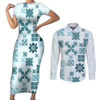 Vintage Hawaii Couples Matching Short Sleeve Bodycon Dress and Long Sleeve Button Shirts Hawaiian Quilt Kapa Mismatch Teal LT7 - Wonder Print Shop