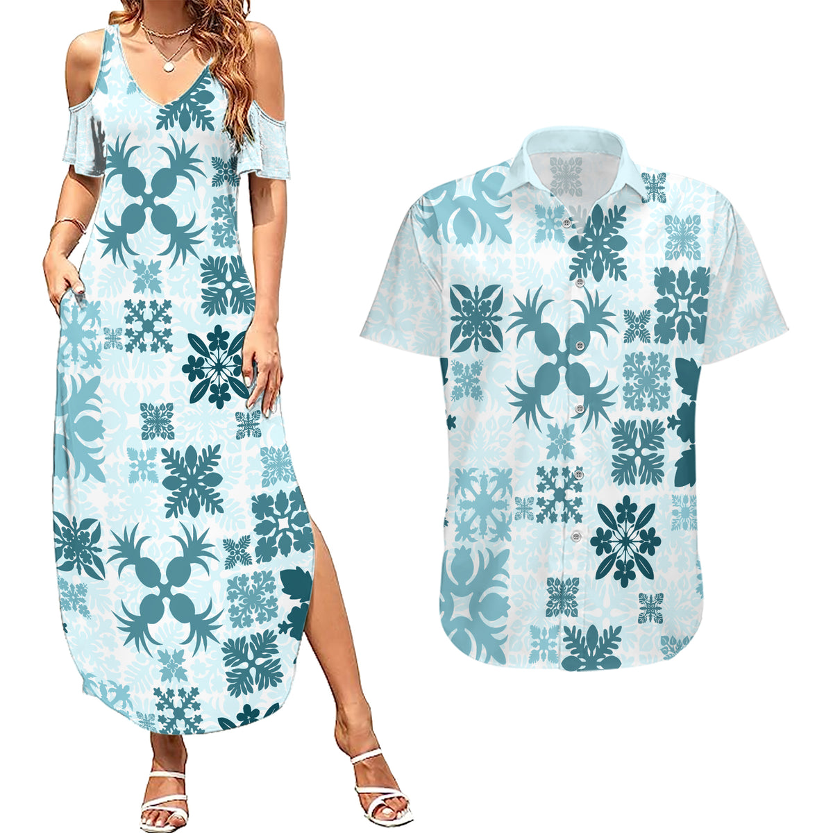 Vintage Hawaii Couples Matching Summer Maxi Dress and Hawaiian Shirt Hawaiian Quilt Kapa Mismatch Teal LT7 - Wonder Print Shop
