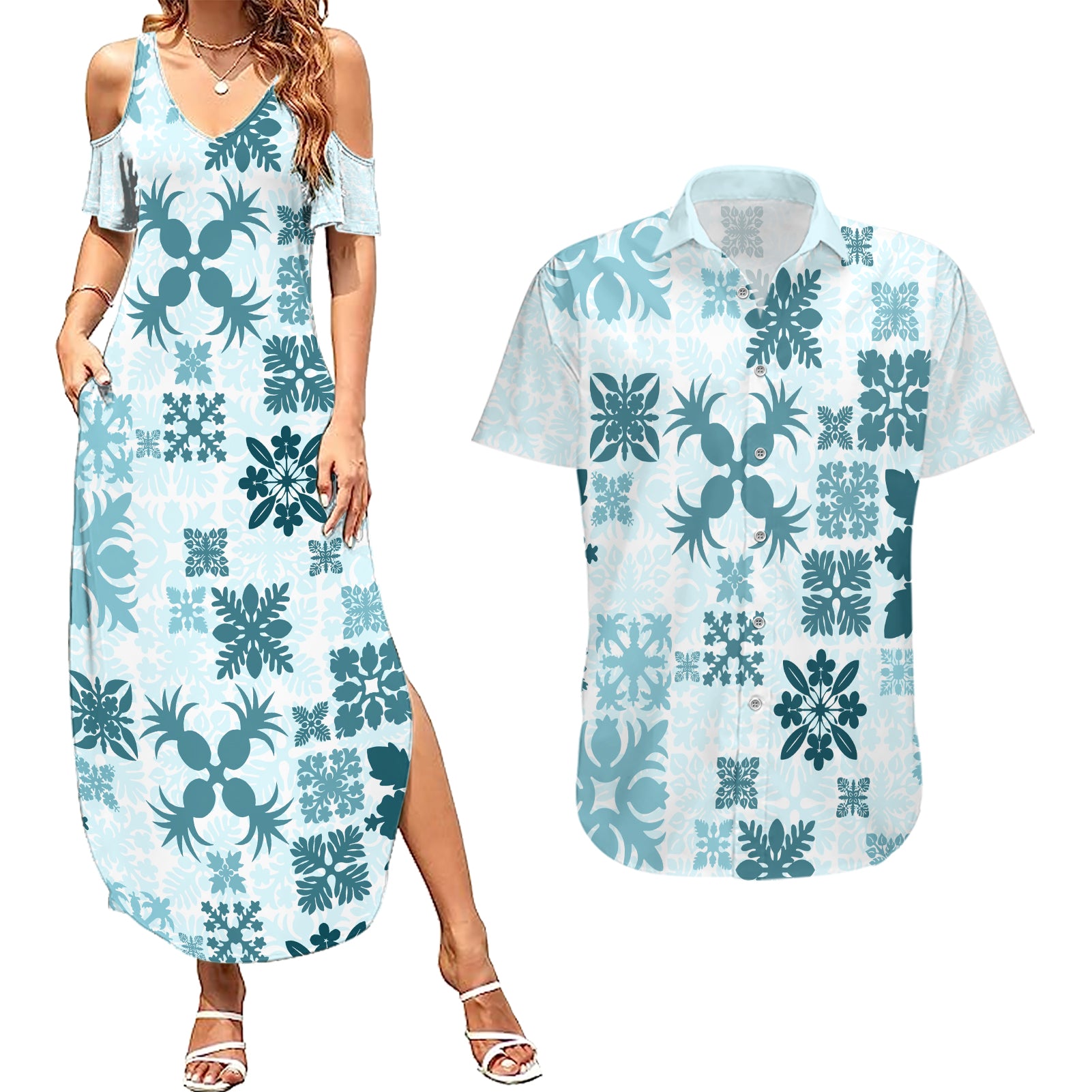 Vintage Hawaii Couples Matching Summer Maxi Dress and Hawaiian Shirt Hawaiian Quilt Kapa Mismatch Teal LT7 - Wonder Print Shop