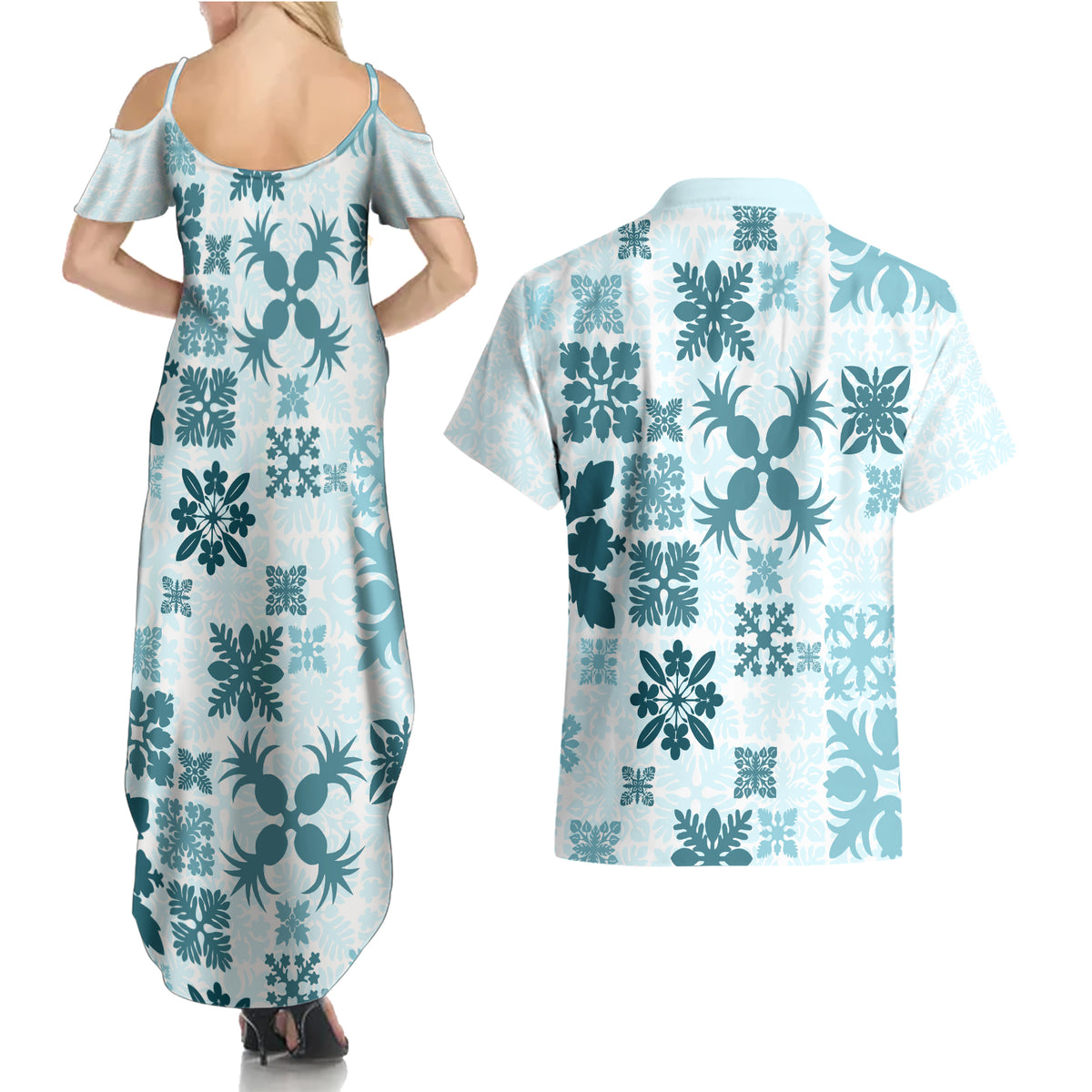 Vintage Hawaii Couples Matching Summer Maxi Dress and Hawaiian Shirt Hawaiian Quilt Kapa Mismatch Teal LT7 - Wonder Print Shop