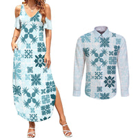 Vintage Hawaii Couples Matching Summer Maxi Dress and Long Sleeve Button Shirts Hawaiian Quilt Kapa Mismatch Teal LT7 - Wonder Print Shop