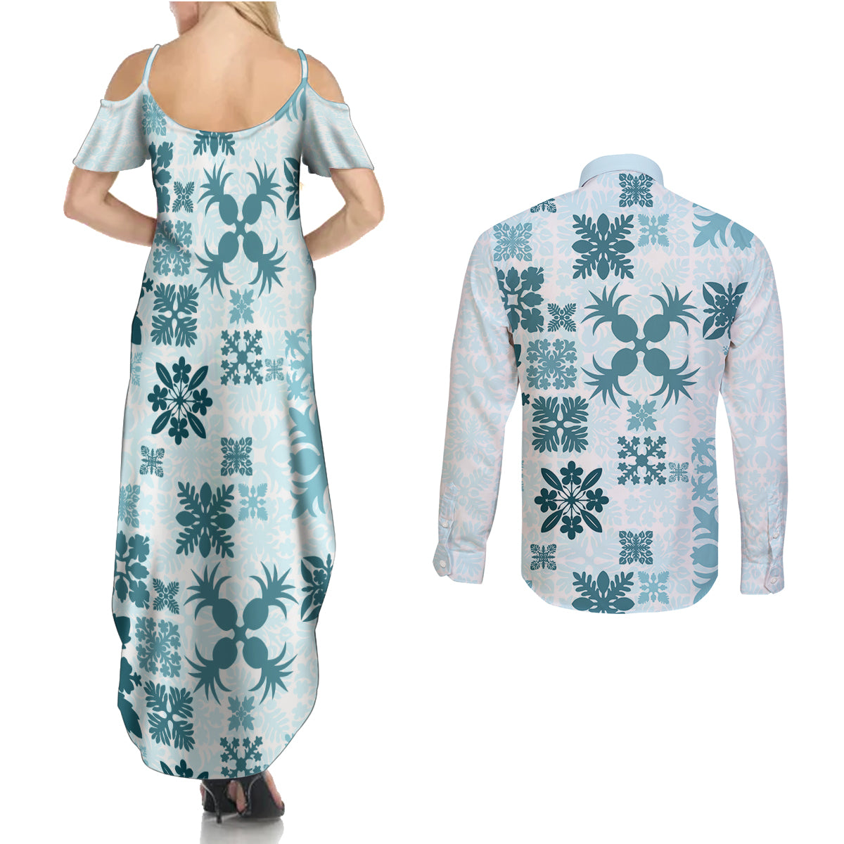 Vintage Hawaii Couples Matching Summer Maxi Dress and Long Sleeve Button Shirts Hawaiian Quilt Kapa Mismatch Teal LT7 - Wonder Print Shop