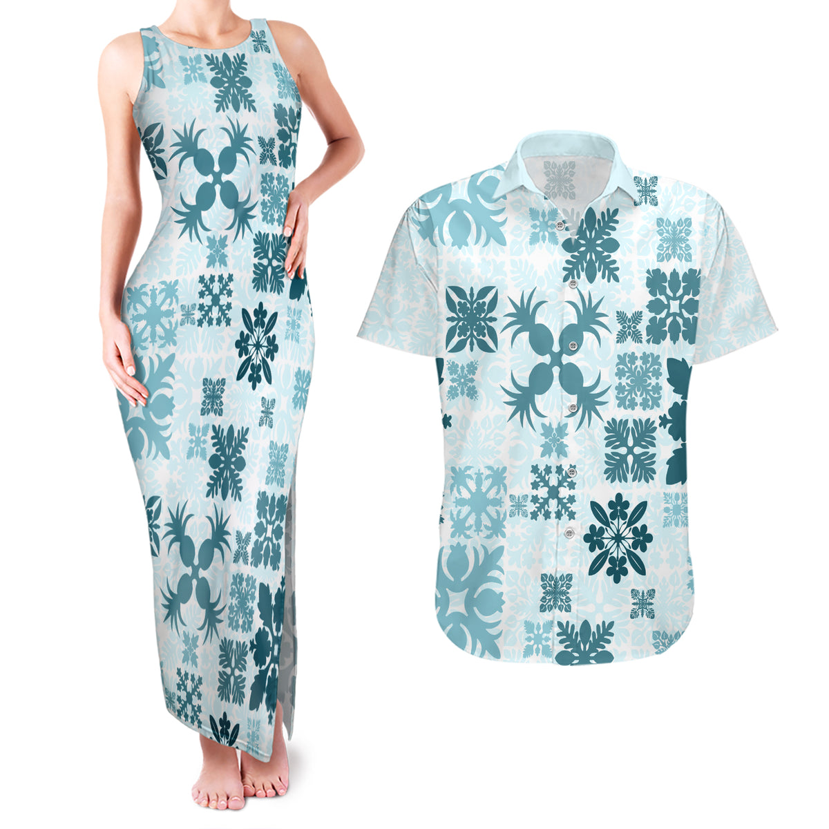 Vintage Hawaii Couples Matching Tank Maxi Dress and Hawaiian Shirt Hawaiian Quilt Kapa Mismatch Teal LT7 - Wonder Print Shop