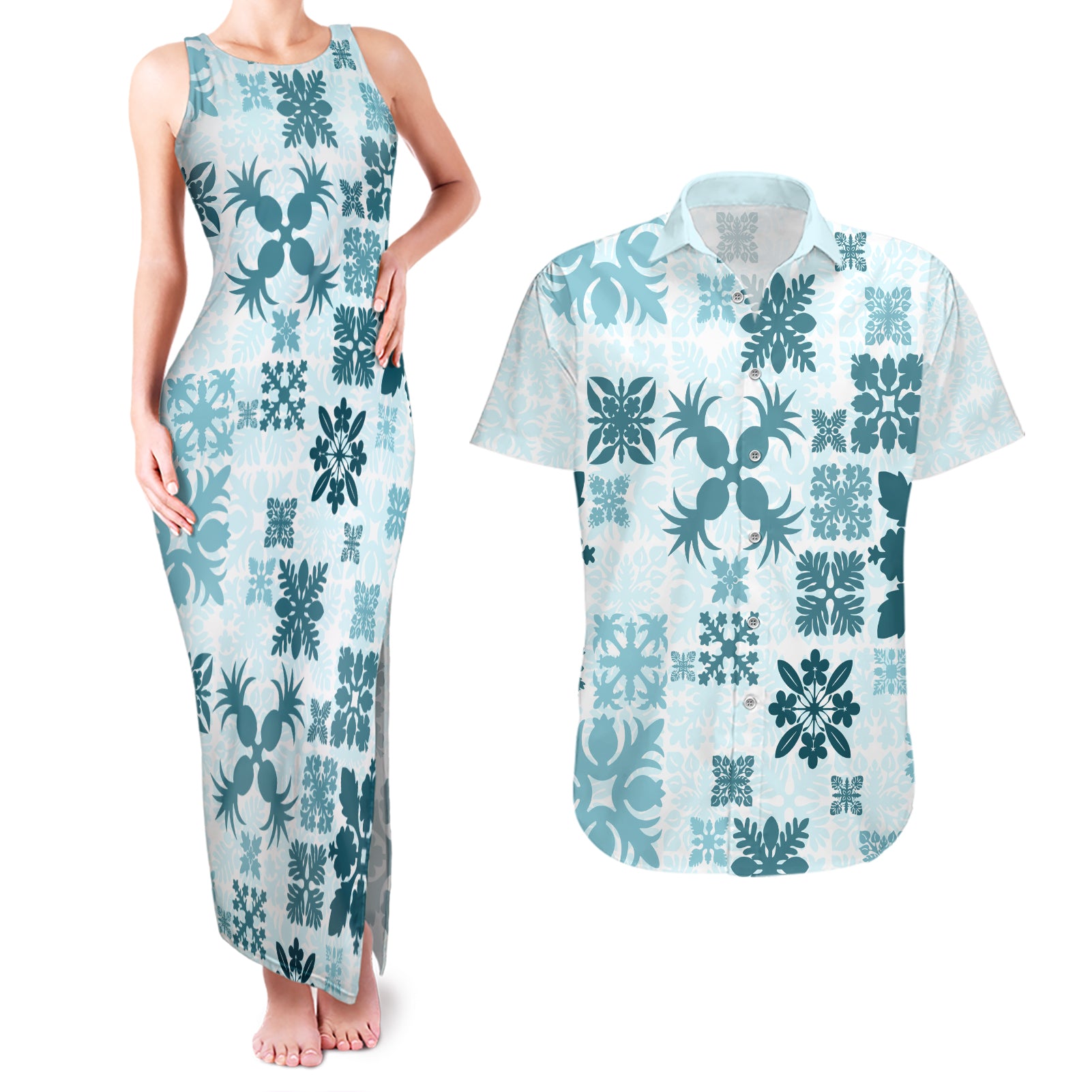 Vintage Hawaii Couples Matching Tank Maxi Dress and Hawaiian Shirt Hawaiian Quilt Kapa Mismatch Teal LT7 - Wonder Print Shop