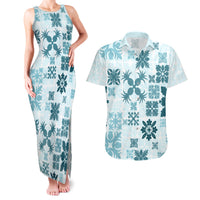 Vintage Hawaii Couples Matching Tank Maxi Dress and Hawaiian Shirt Hawaiian Quilt Kapa Mismatch Teal LT7 - Wonder Print Shop