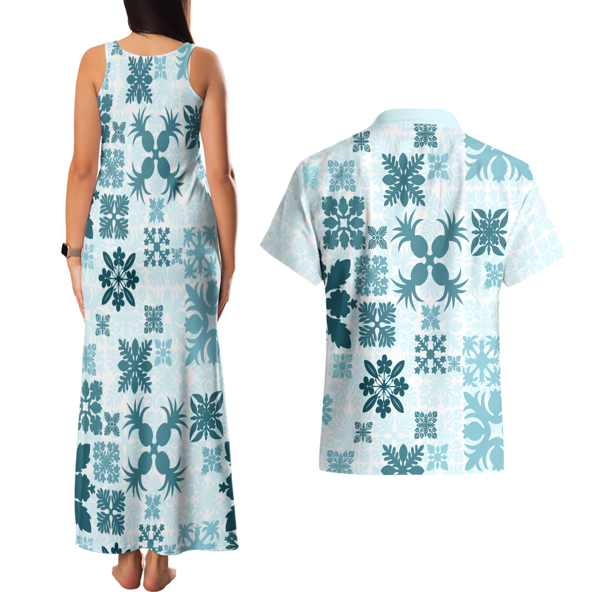 Vintage Hawaii Couples Matching Tank Maxi Dress and Hawaiian Shirt Hawaiian Quilt Kapa Mismatch Teal LT7 - Wonder Print Shop