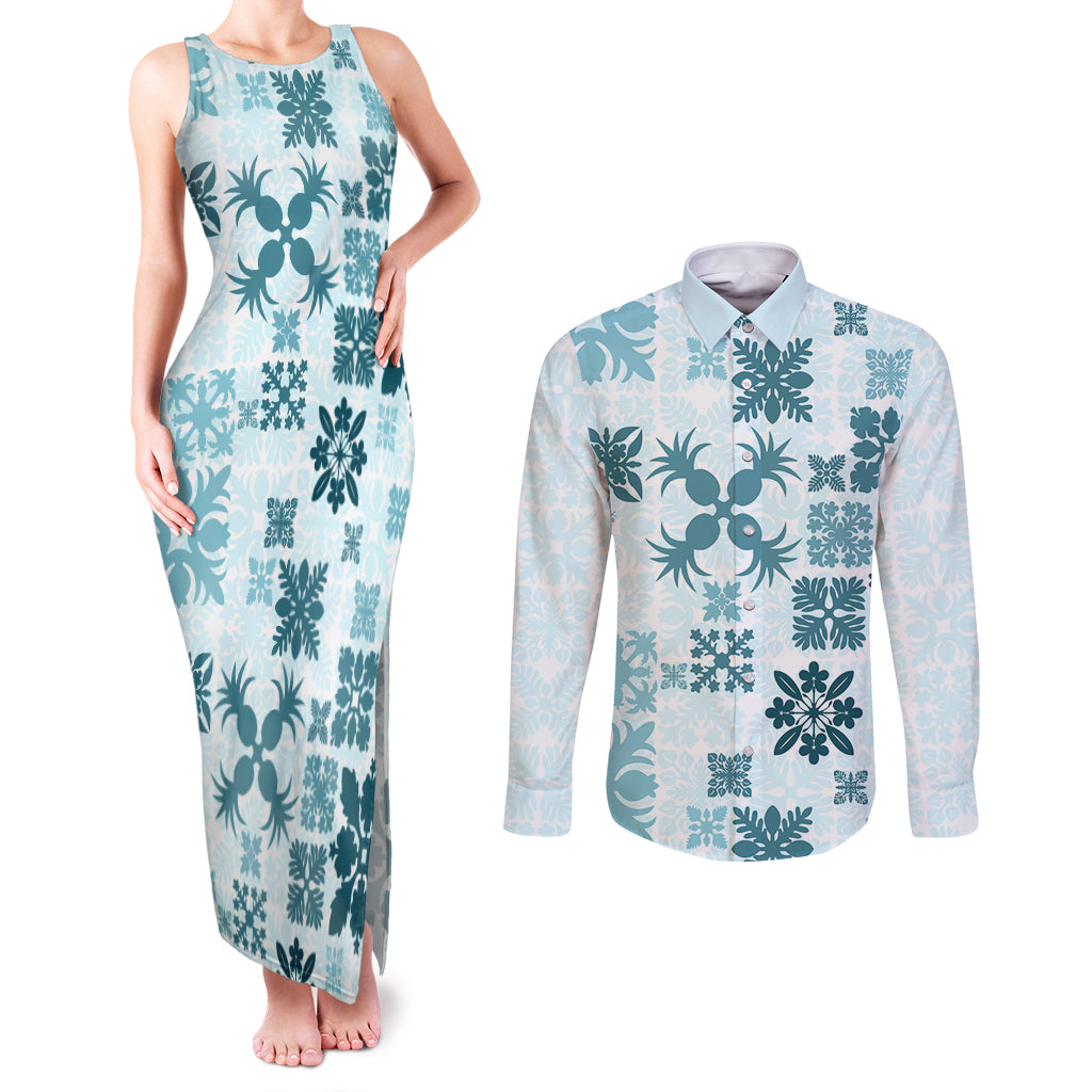Vintage Hawaii Couples Matching Tank Maxi Dress and Long Sleeve Button Shirts Hawaiian Quilt Kapa Mismatch Teal LT7 - Wonder Print Shop