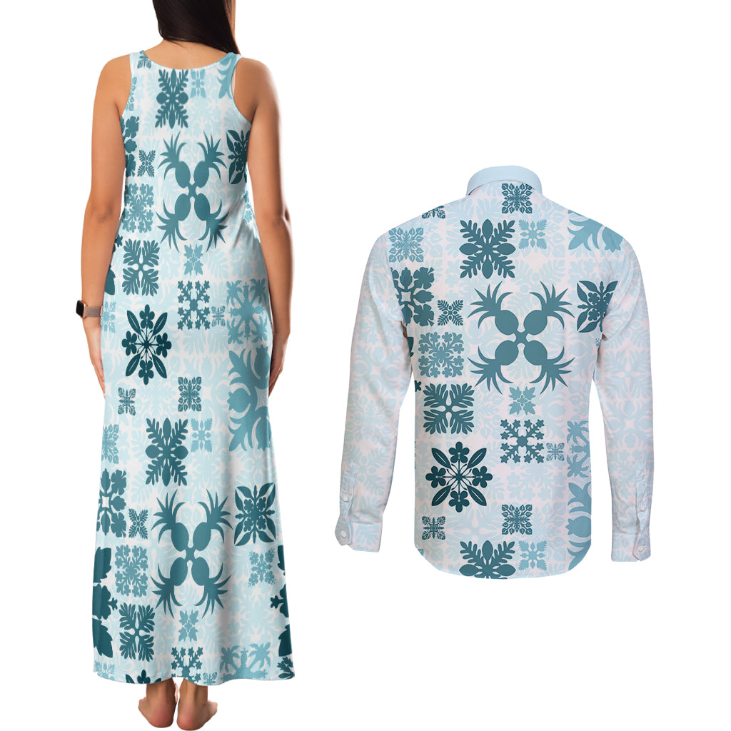 Vintage Hawaii Couples Matching Tank Maxi Dress and Long Sleeve Button Shirts Hawaiian Quilt Kapa Mismatch Teal LT7 - Wonder Print Shop