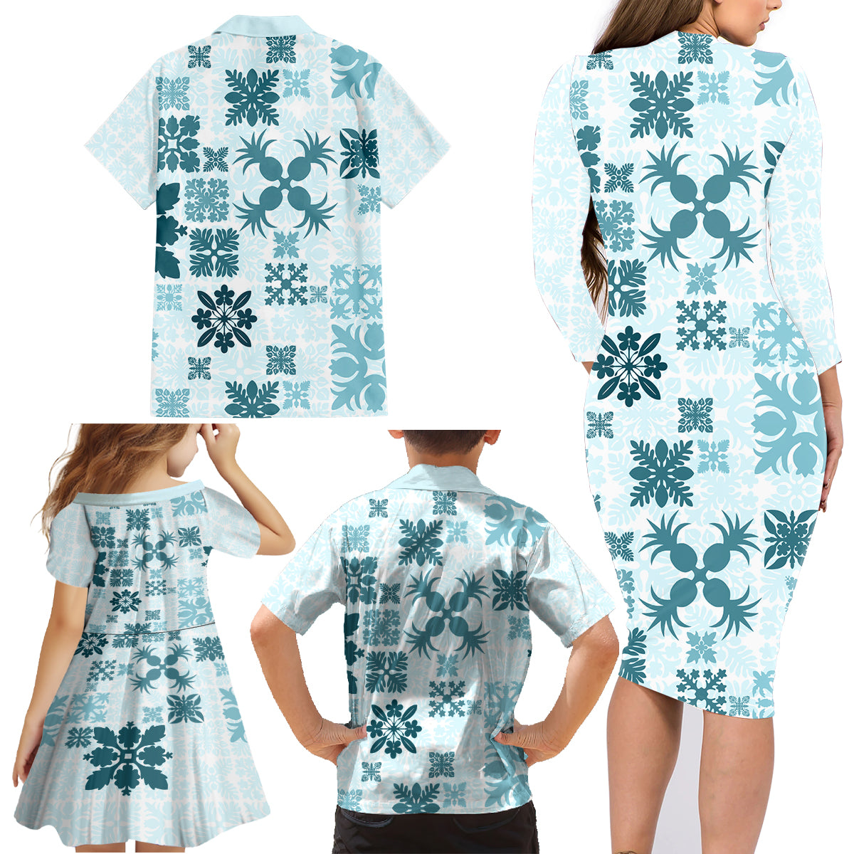 Vintage Hawaii Family Matching Long Sleeve Bodycon Dress and Hawaiian Shirt Hawaiian Quilt Kapa Mismatch Teal LT7 - Wonder Print Shop