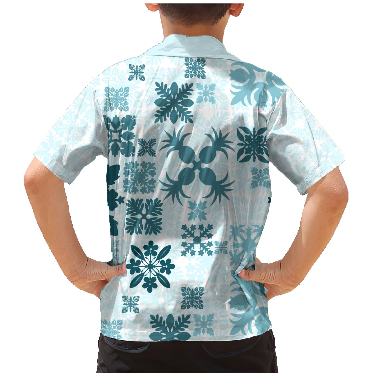 Vintage Hawaii Family Matching Mermaid Dress and Hawaiian Shirt Hawaiian Quilt Kapa Mismatch Teal LT7 - Wonder Print Shop