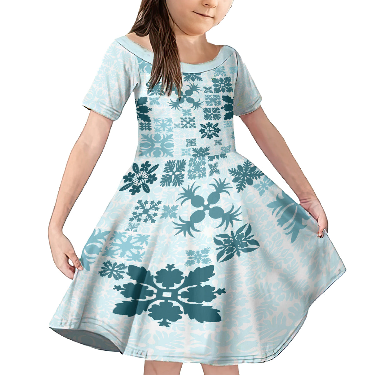 Vintage Hawaii Family Matching Mermaid Dress and Hawaiian Shirt Hawaiian Quilt Kapa Mismatch Teal LT7 - Wonder Print Shop