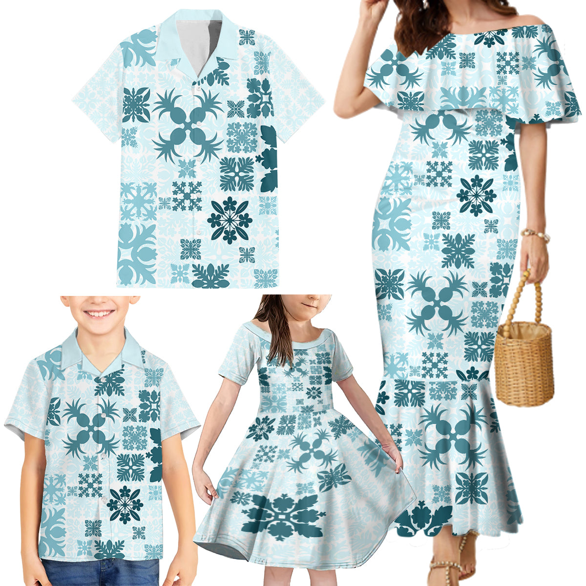 Vintage Hawaii Family Matching Mermaid Dress and Hawaiian Shirt Hawaiian Quilt Kapa Mismatch Teal LT7 - Wonder Print Shop