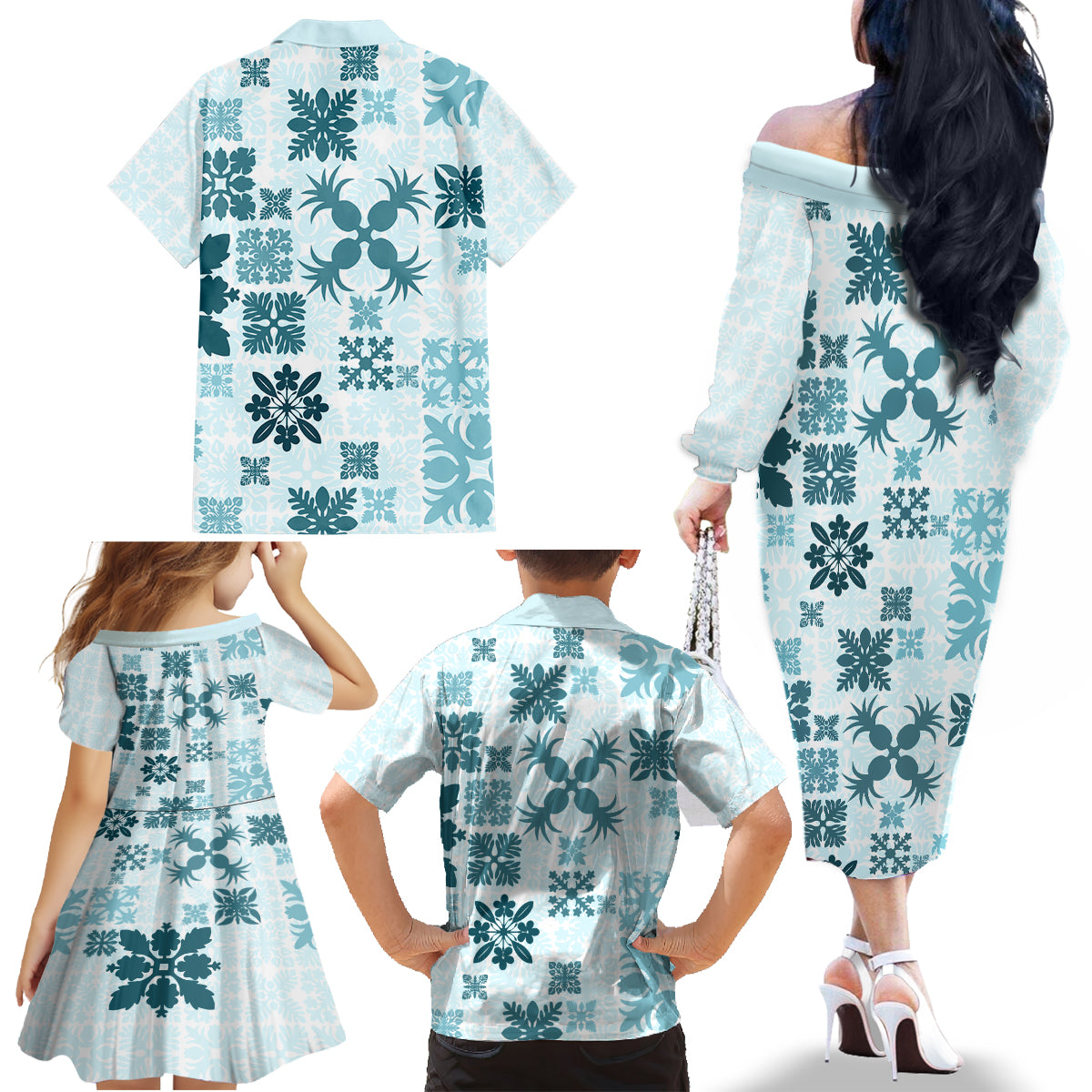 Vintage Hawaii Family Matching Off Shoulder Long Sleeve Dress and Hawaiian Shirt Hawaiian Quilt Kapa Mismatch Teal - Wonder Print Shop