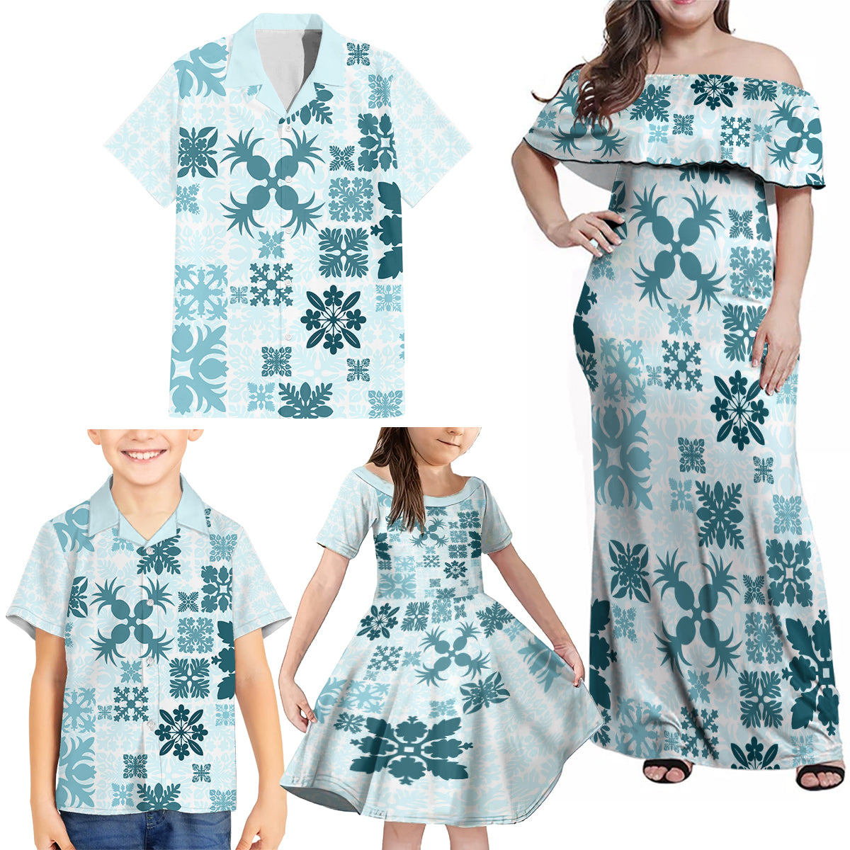 Vintage Hawaii Family Matching Off Shoulder Maxi Dress and Hawaiian Shirt Hawaiian Quilt Kapa Mismatch Teal LT7 - Wonder Print Shop