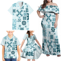 Vintage Hawaii Family Matching Off Shoulder Maxi Dress and Hawaiian Shirt Hawaiian Quilt Kapa Mismatch Teal LT7 - Wonder Print Shop