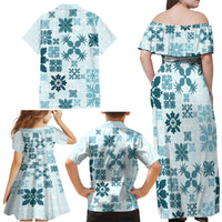 Vintage Hawaii Family Matching Off Shoulder Maxi Dress and Hawaiian Shirt Hawaiian Quilt Kapa Mismatch Teal LT7 - Wonder Print Shop