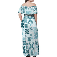 Vintage Hawaii Family Matching Off Shoulder Maxi Dress and Hawaiian Shirt Hawaiian Quilt Kapa Mismatch Teal LT7 - Wonder Print Shop