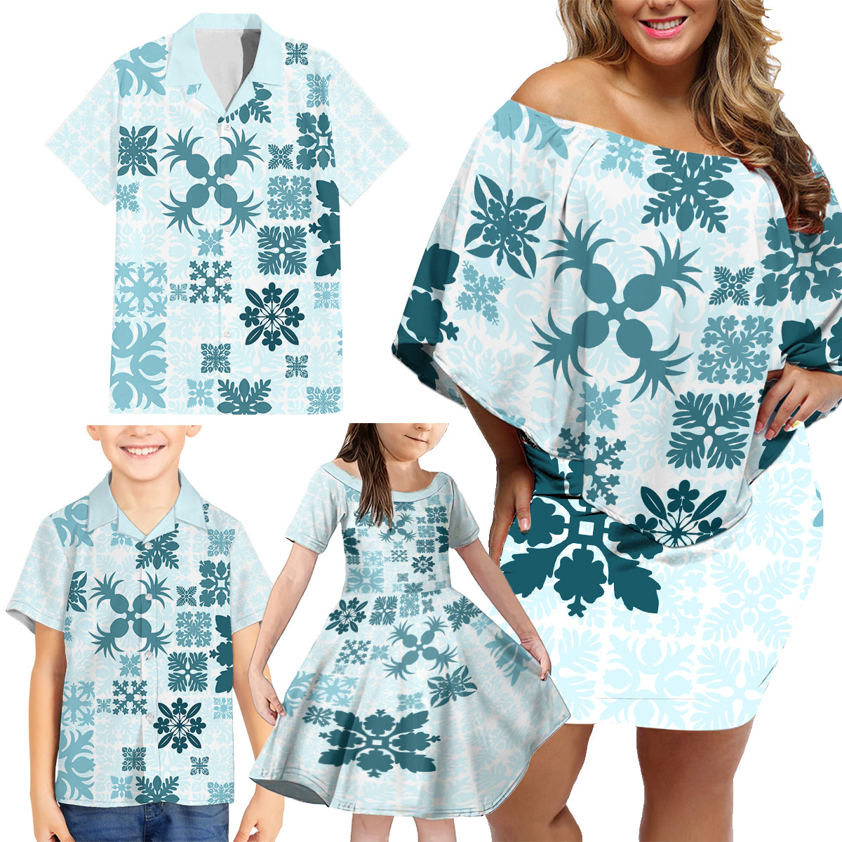 Vintage Hawaii Family Matching Off Shoulder Short Dress and Hawaiian Shirt Hawaiian Quilt Kapa Mismatch Teal LT7 - Wonder Print Shop