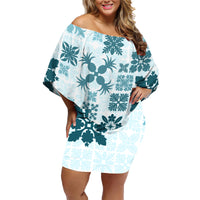 Vintage Hawaii Family Matching Off Shoulder Short Dress and Hawaiian Shirt Hawaiian Quilt Kapa Mismatch Teal LT7 - Wonder Print Shop