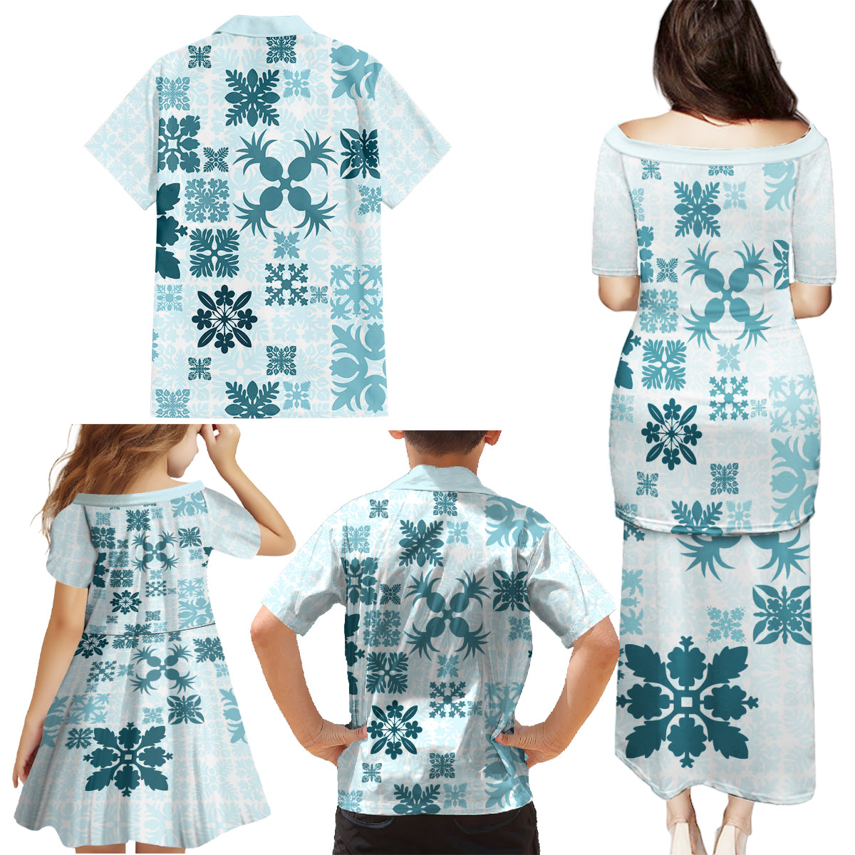 Vintage Hawaii Family Matching Puletasi Dress and Hawaiian Shirt Hawaiian Quilt Kapa Mismatch Teal - Wonder Print Shop