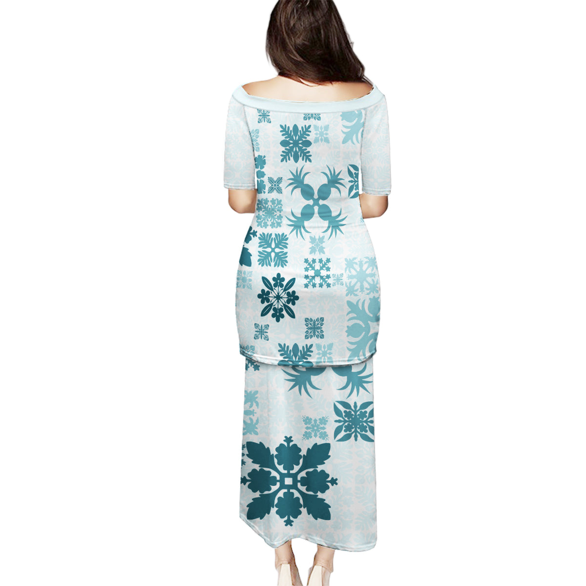 Vintage Hawaii Family Matching Puletasi Dress and Hawaiian Shirt Hawaiian Quilt Kapa Mismatch Teal - Wonder Print Shop