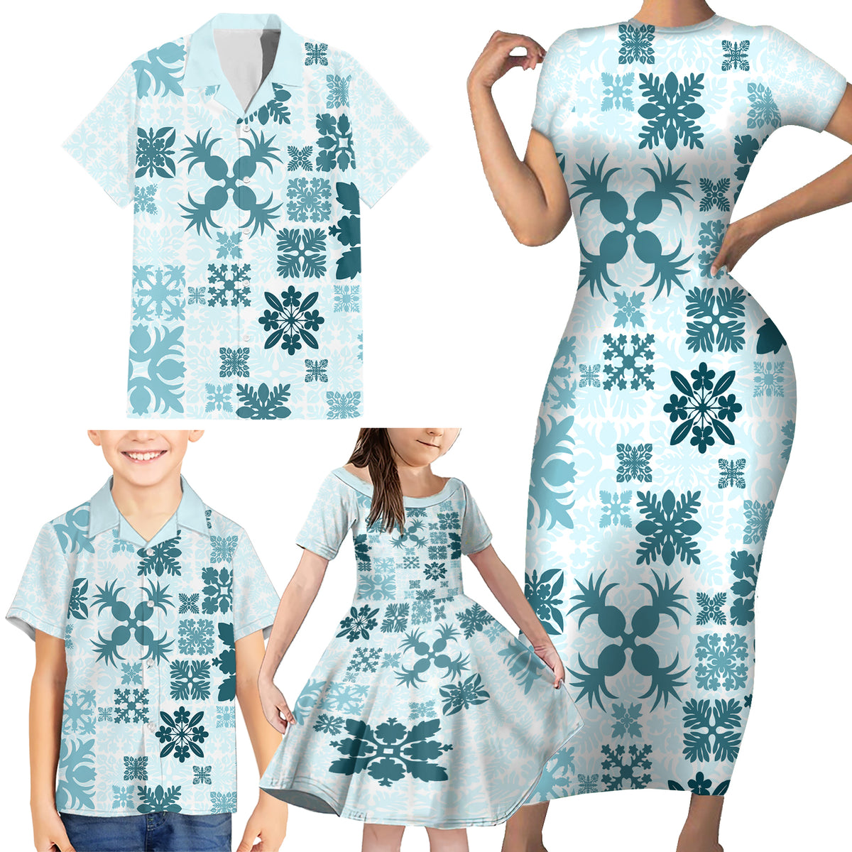 Vintage Hawaii Family Matching Short Sleeve Bodycon Dress and Hawaiian Shirt Hawaiian Quilt Kapa Mismatch Teal - Wonder Print Shop