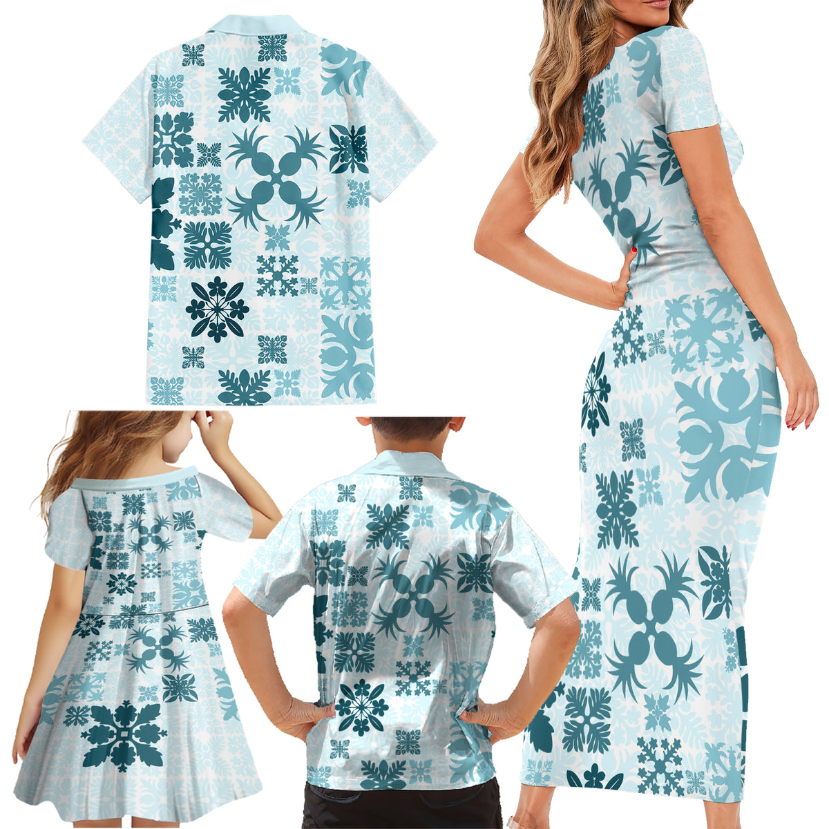 Vintage Hawaii Family Matching Short Sleeve Bodycon Dress and Hawaiian Shirt Hawaiian Quilt Kapa Mismatch Teal - Wonder Print Shop