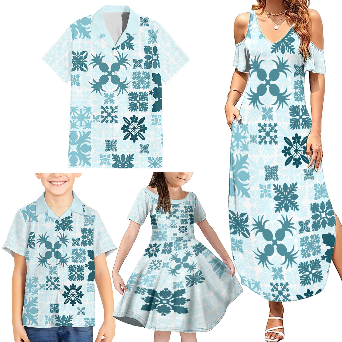 Vintage Hawaii Family Matching Summer Maxi Dress and Hawaiian Shirt Hawaiian Quilt Kapa Mismatch Teal - Wonder Print Shop