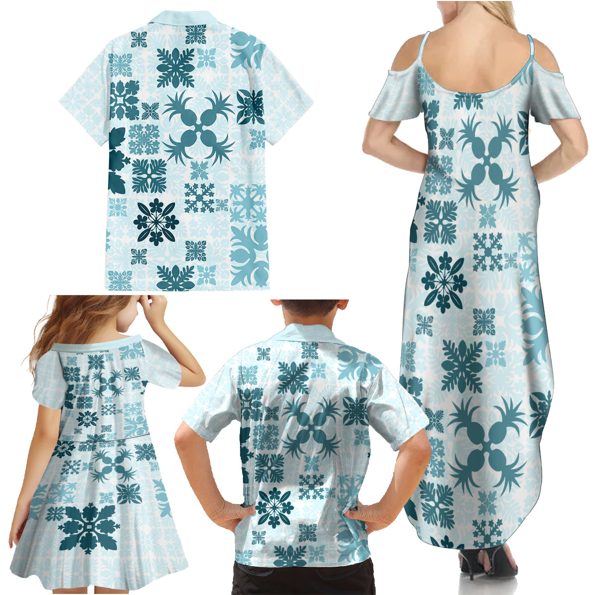 Vintage Hawaii Family Matching Summer Maxi Dress and Hawaiian Shirt Hawaiian Quilt Kapa Mismatch Teal - Wonder Print Shop