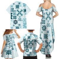 Vintage Hawaii Family Matching Summer Maxi Dress and Hawaiian Shirt Hawaiian Quilt Kapa Mismatch Teal - Wonder Print Shop