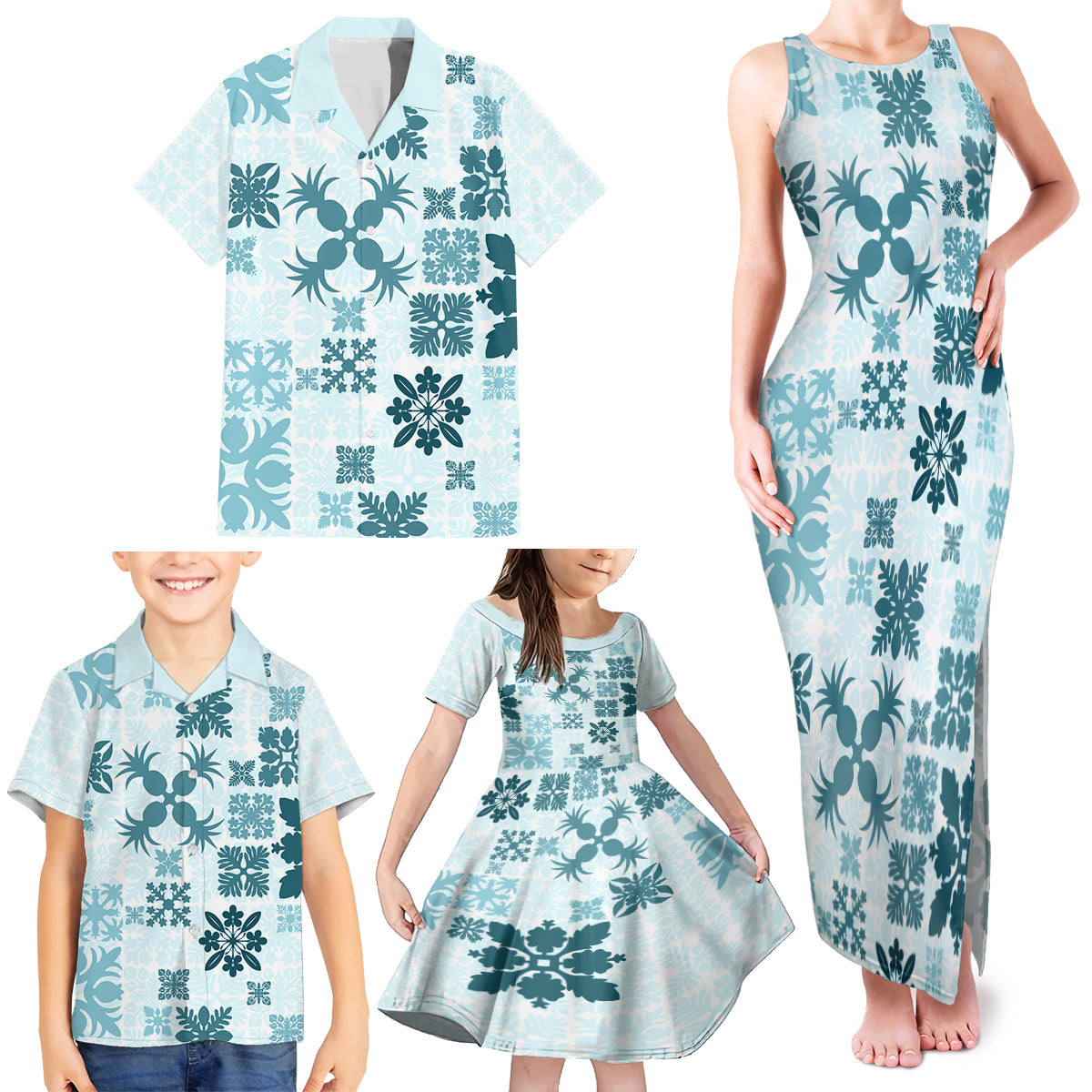 Vintage Hawaii Family Matching Tank Maxi Dress and Hawaiian Shirt Hawaiian Quilt Kapa Mismatch Teal - Wonder Print Shop