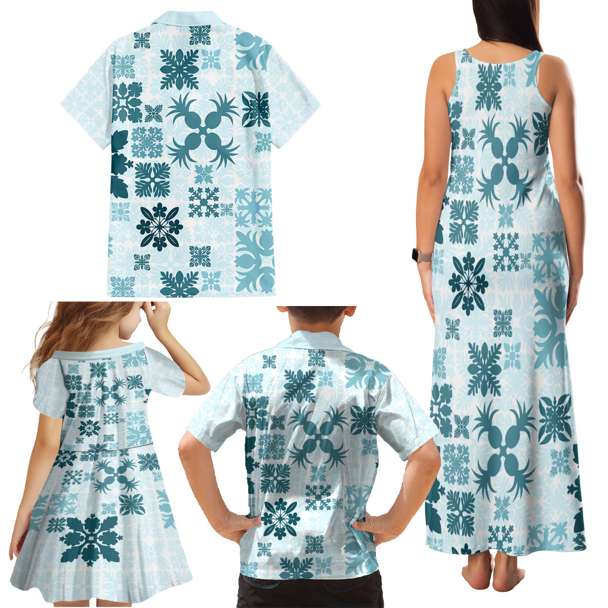 Vintage Hawaii Family Matching Tank Maxi Dress and Hawaiian Shirt Hawaiian Quilt Kapa Mismatch Teal - Wonder Print Shop