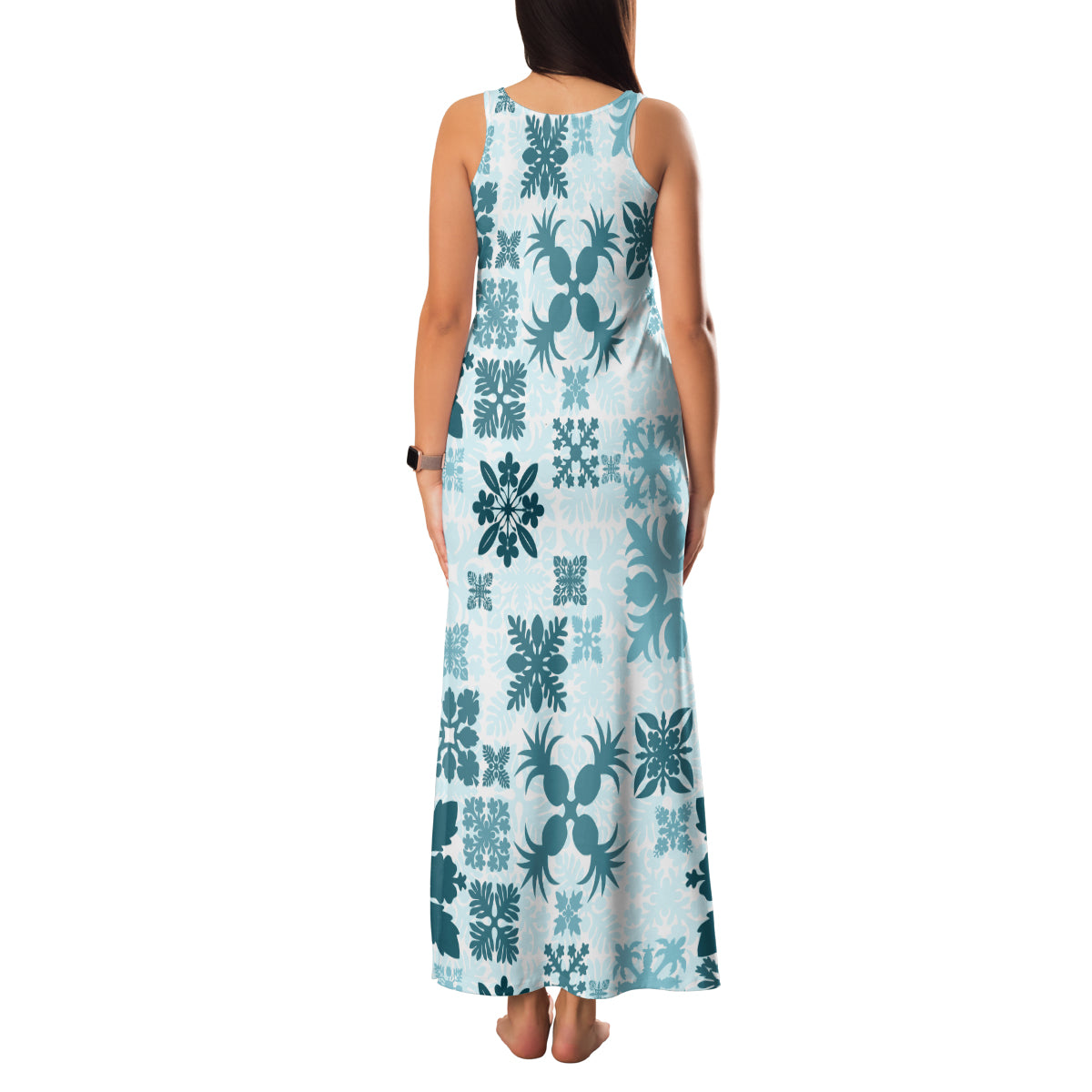 Vintage Hawaii Family Matching Tank Maxi Dress and Hawaiian Shirt Hawaiian Quilt Kapa Mismatch Teal - Wonder Print Shop