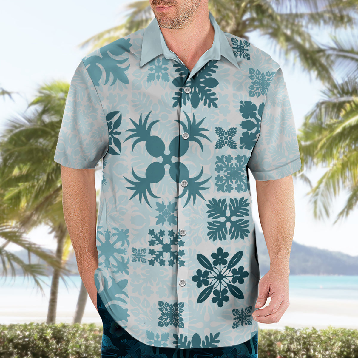 Vintage Hawaii Hawaiian Shirt Hawaiian Quilt Kapa Mismatch Teal - Wonder Print Shop