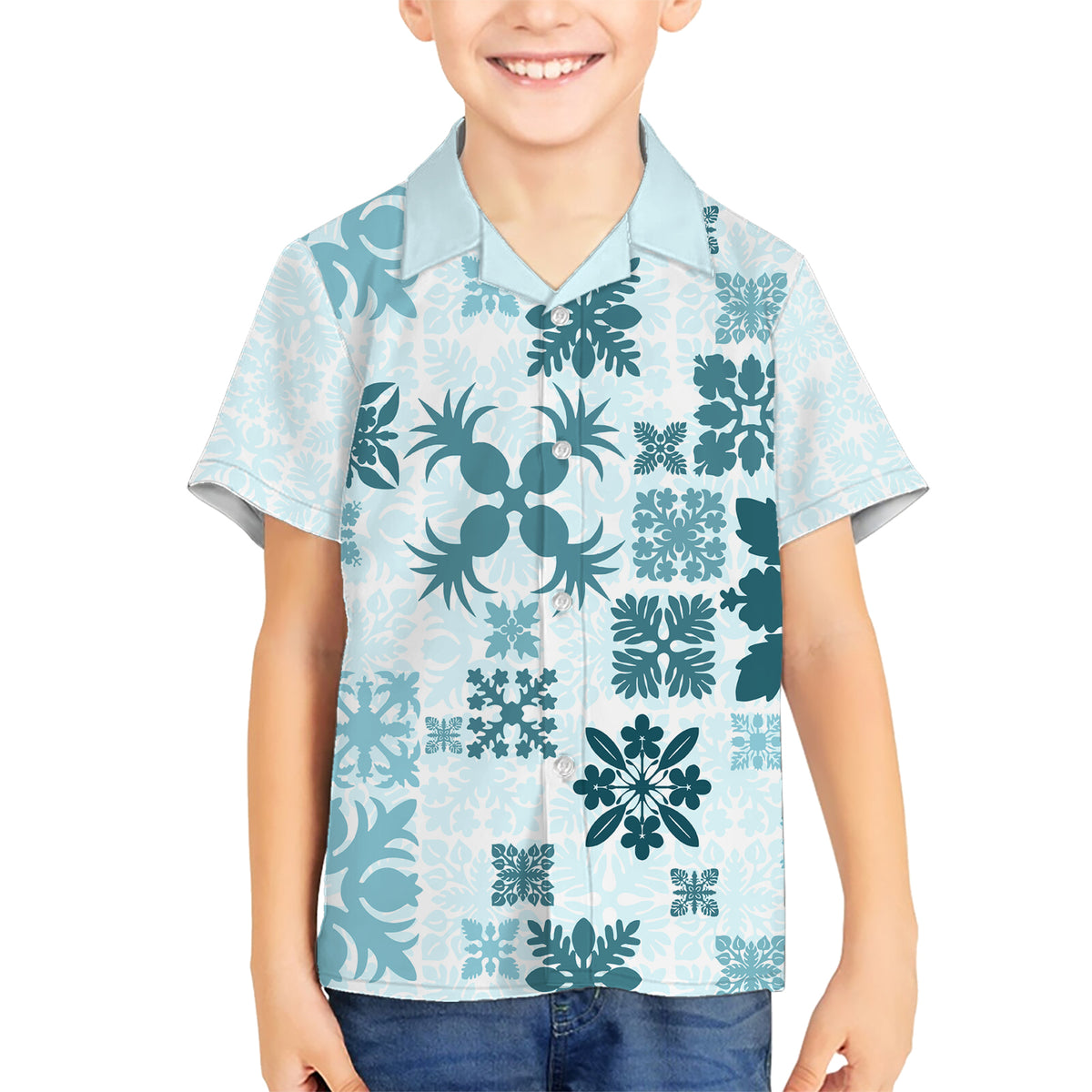 Vintage Hawaii Kid Hawaiian Shirt Hawaiian Quilt Kapa Mismatch Teal - Wonder Print Shop