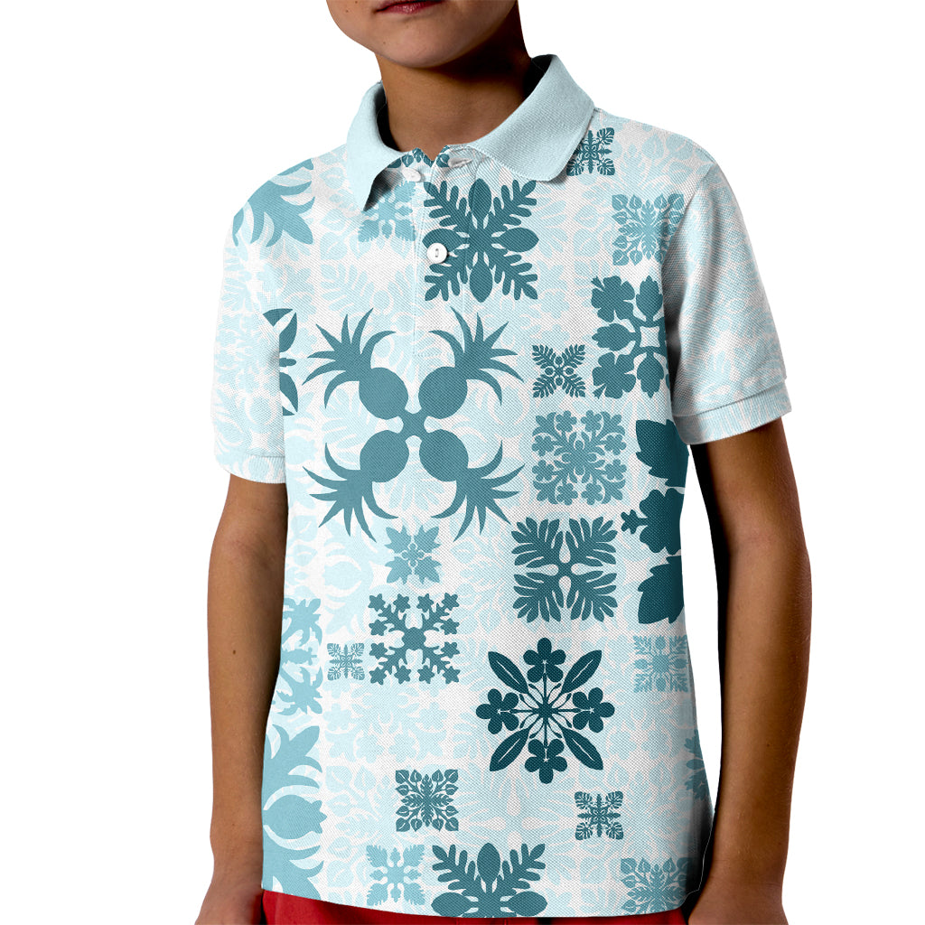 Vintage Hawaii Kid Polo Shirt Hawaiian Quilt Kapa Mismatch Teal - Wonder Print Shop