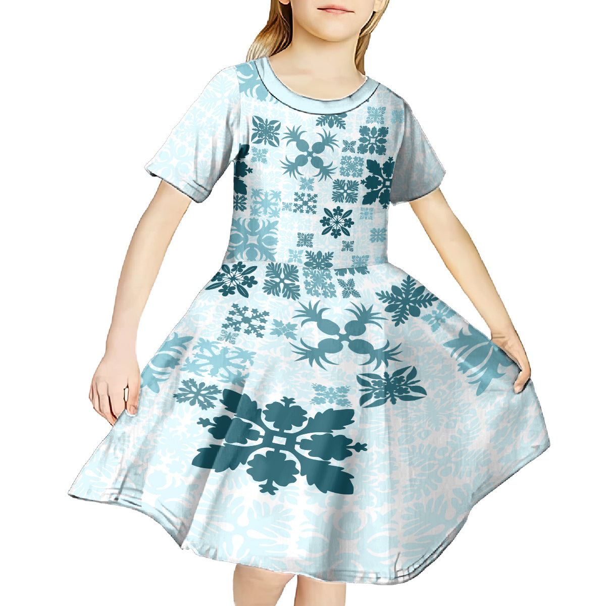 Vintage Hawaii Kid Short Sleeve Dress Hawaiian Quilt Kapa Mismatch Teal - Wonder Print Shop