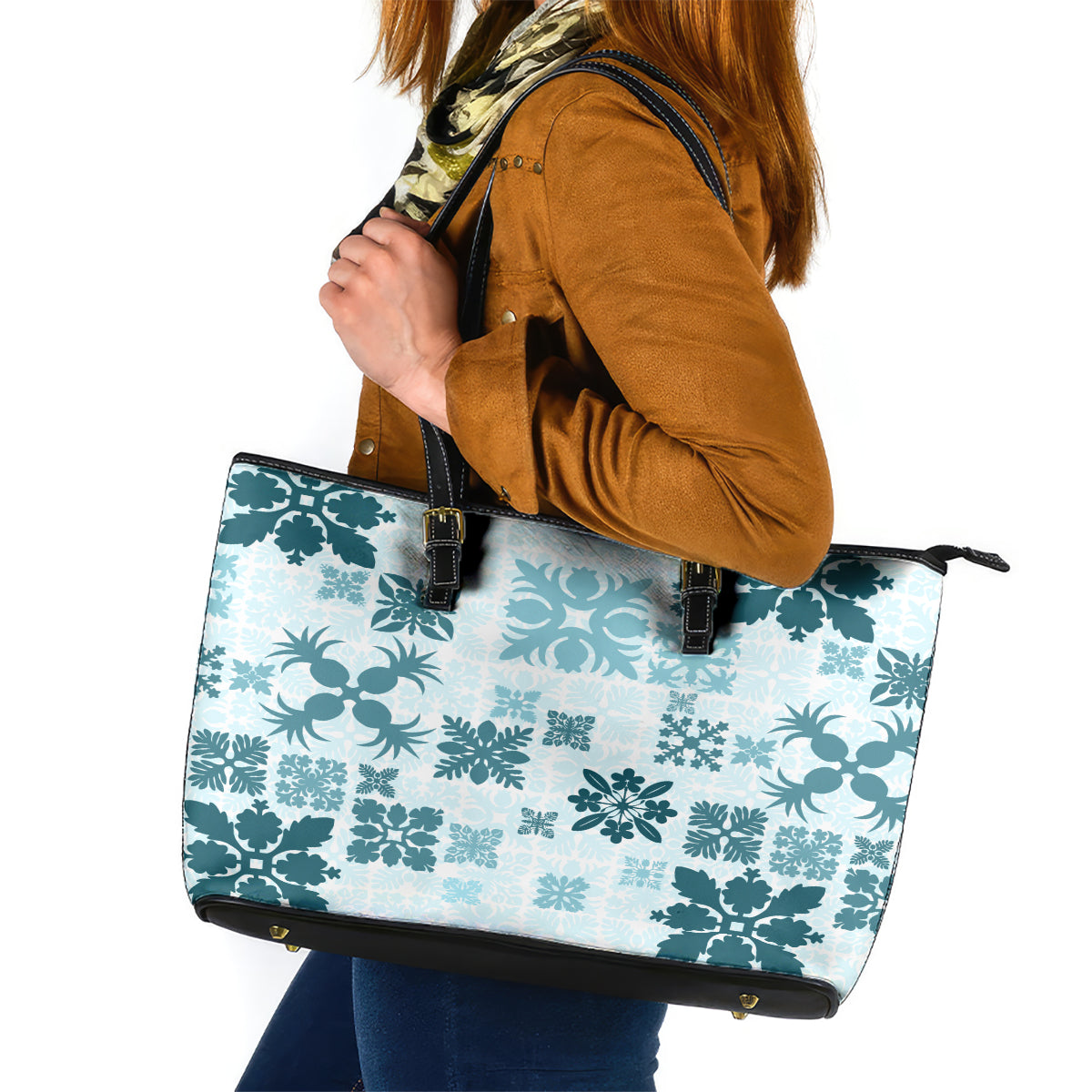 Vintage Hawaii Leather Tote Bag Hawaiian Quilt Kapa Mismatch Teal - Wonder Print Shop