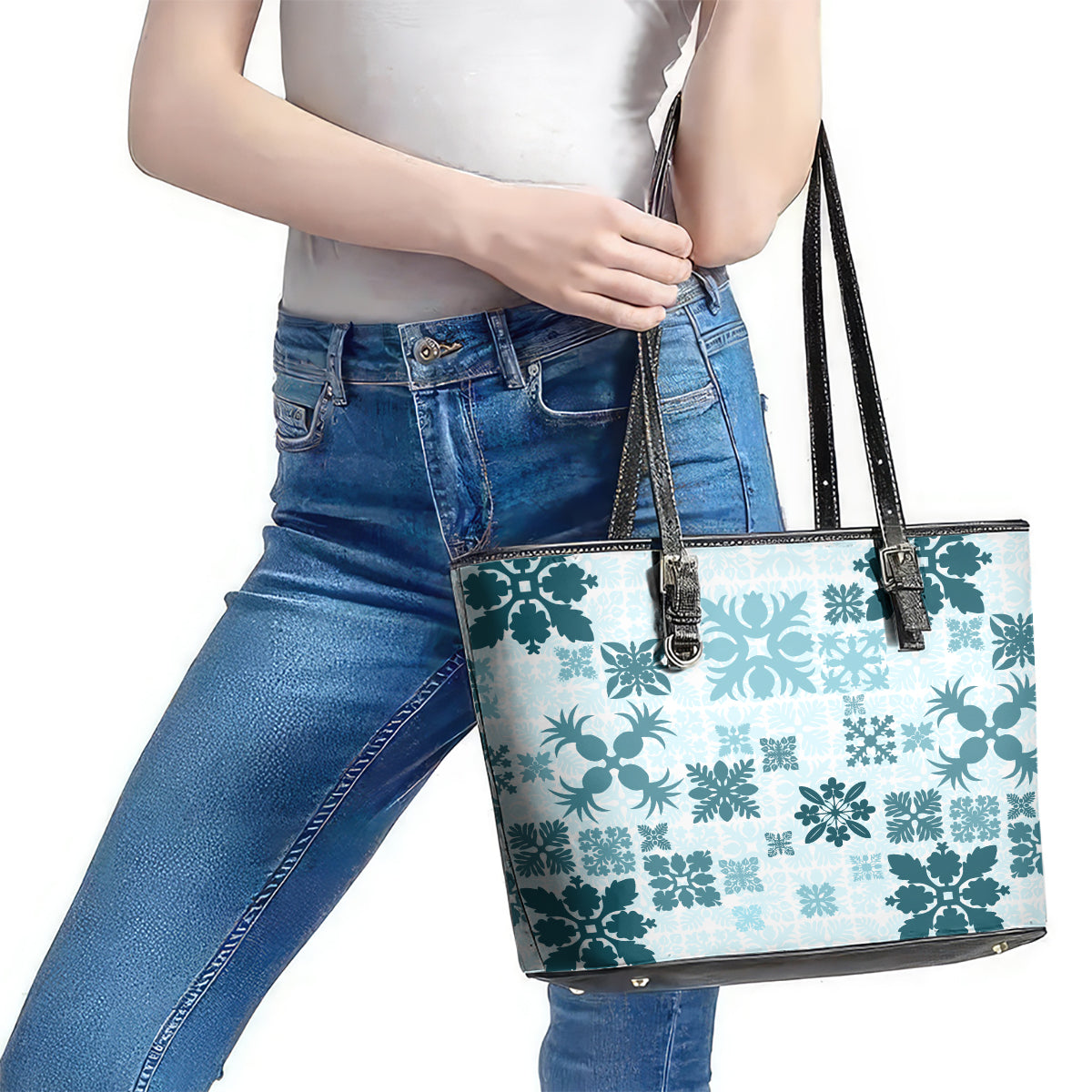 Vintage Hawaii Leather Tote Bag Hawaiian Quilt Kapa Mismatch Teal - Wonder Print Shop