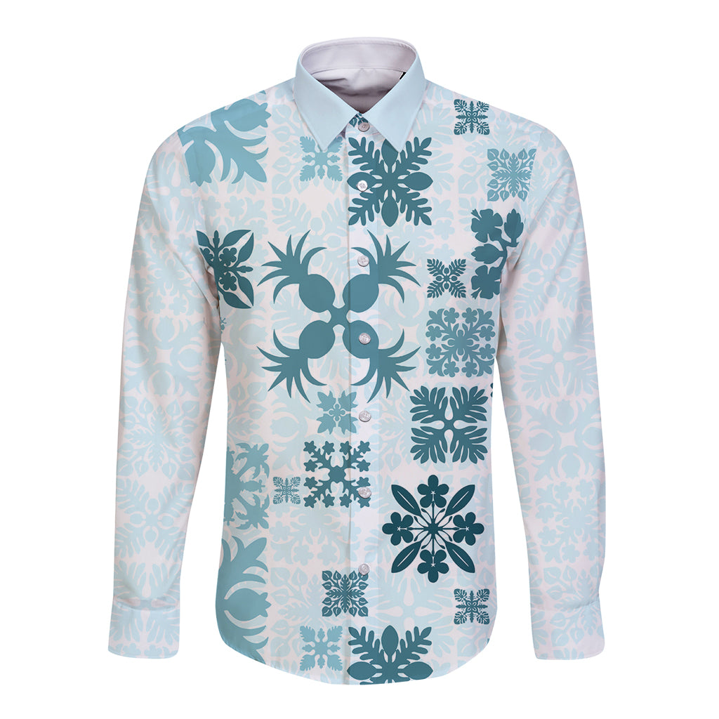 Vintage Hawaii Long Sleeve Button Shirt Hawaiian Quilt Kapa Mismatch Teal - Wonder Print Shop