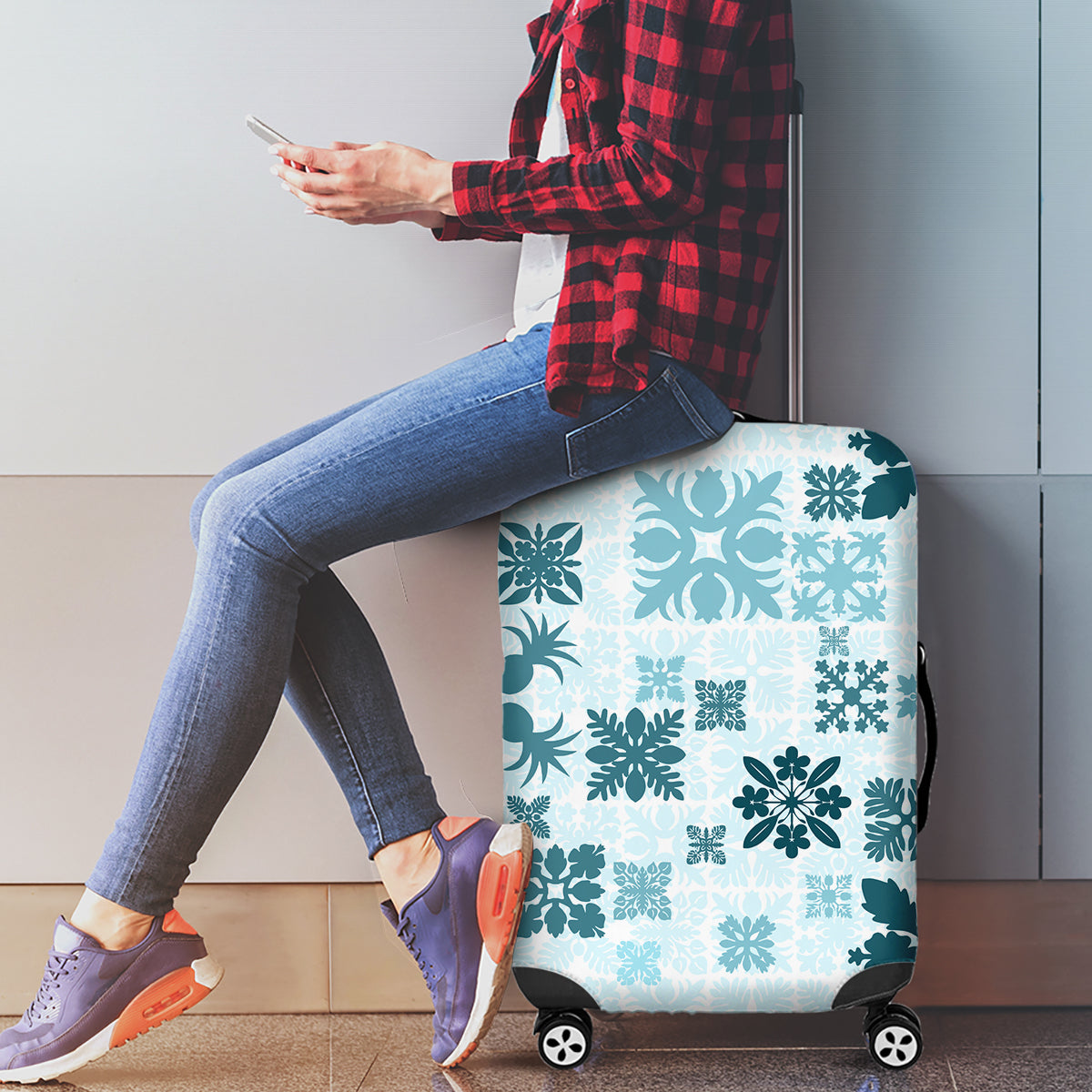 Vintage Hawaii Luggage Cover Hawaiian Quilt Kapa Mismatch Teal - Wonder Print Shop