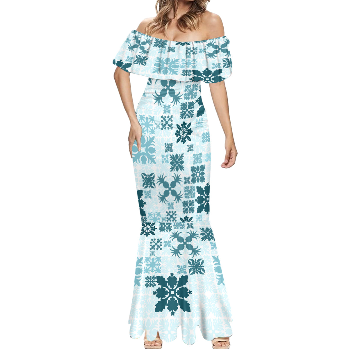 Vintage Hawaii Mermaid Dress Hawaiian Quilt Kapa Mismatch Teal - Wonder Print Shop