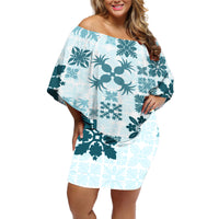 Vintage Hawaii Off Shoulder Short Dress Hawaiian Quilt Kapa Mismatch Teal - Wonder Print Shop