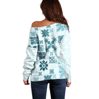 Vintage Hawaii Off Shoulder Sweater Hawaiian Quilt Kapa Mismatch Teal - Wonder Print Shop