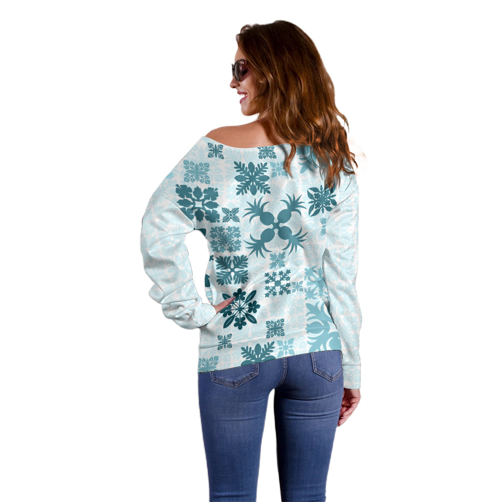 Vintage Hawaii Off Shoulder Sweater Hawaiian Quilt Kapa Mismatch Teal - Wonder Print Shop