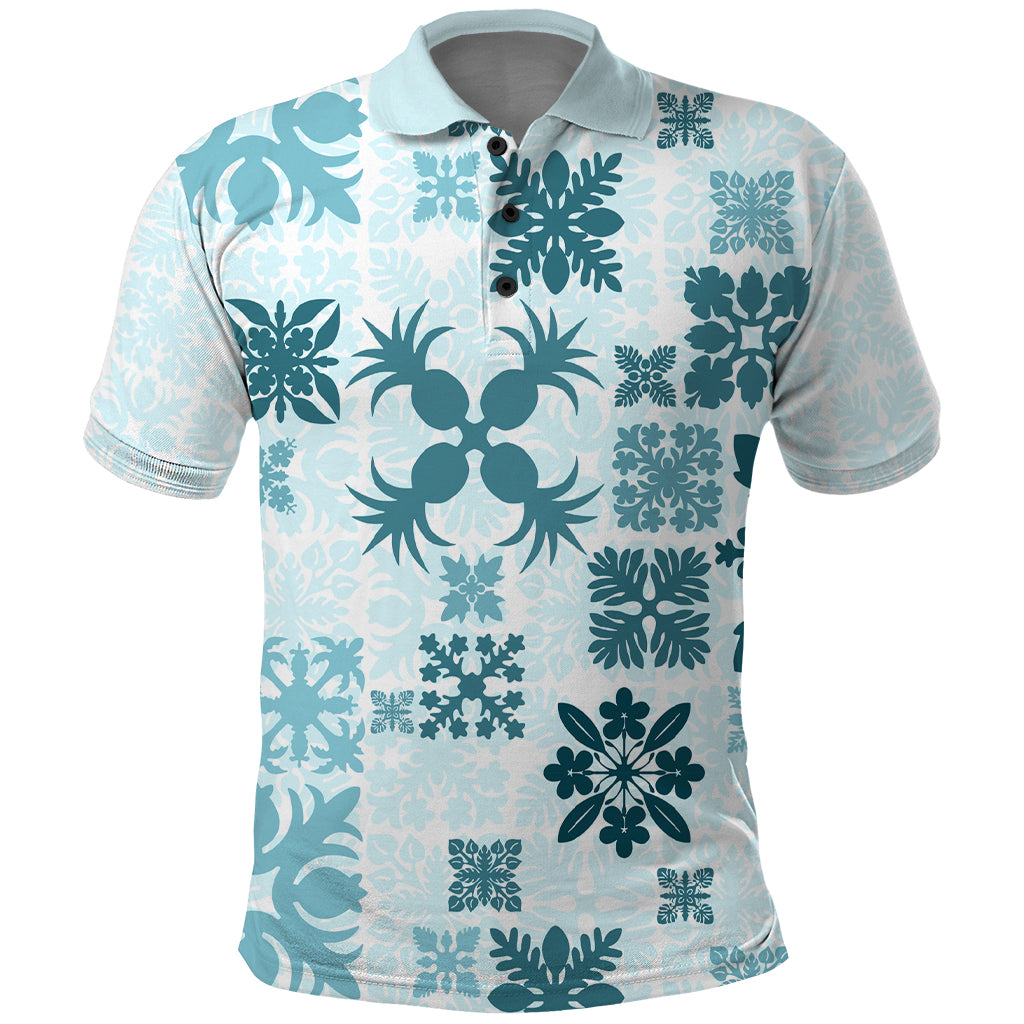 Vintage Hawaii Polo Shirt Hawaiian Quilt Kapa Mismatch Teal - Wonder Print Shop